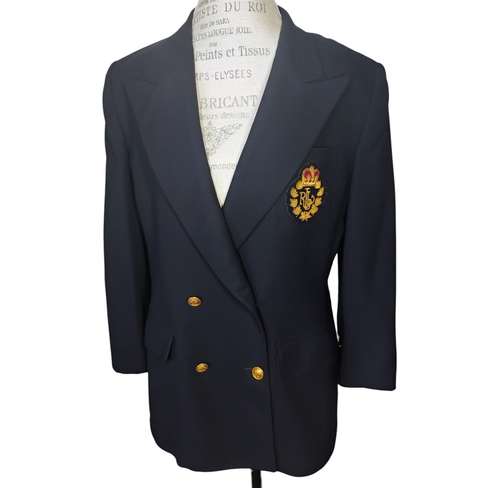 Vtg Lauren Ralph Lauren Buillion Crest Blazer Womens 14 Blue Double Breasted